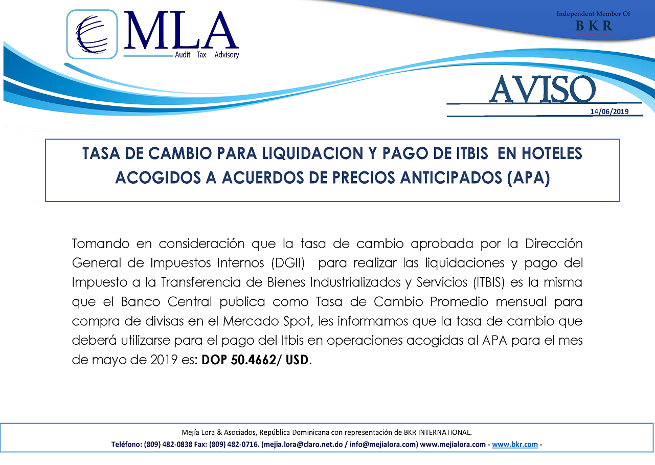 Tasa de cambio para liquidar Itbis hoteles con APA Mayo 2019