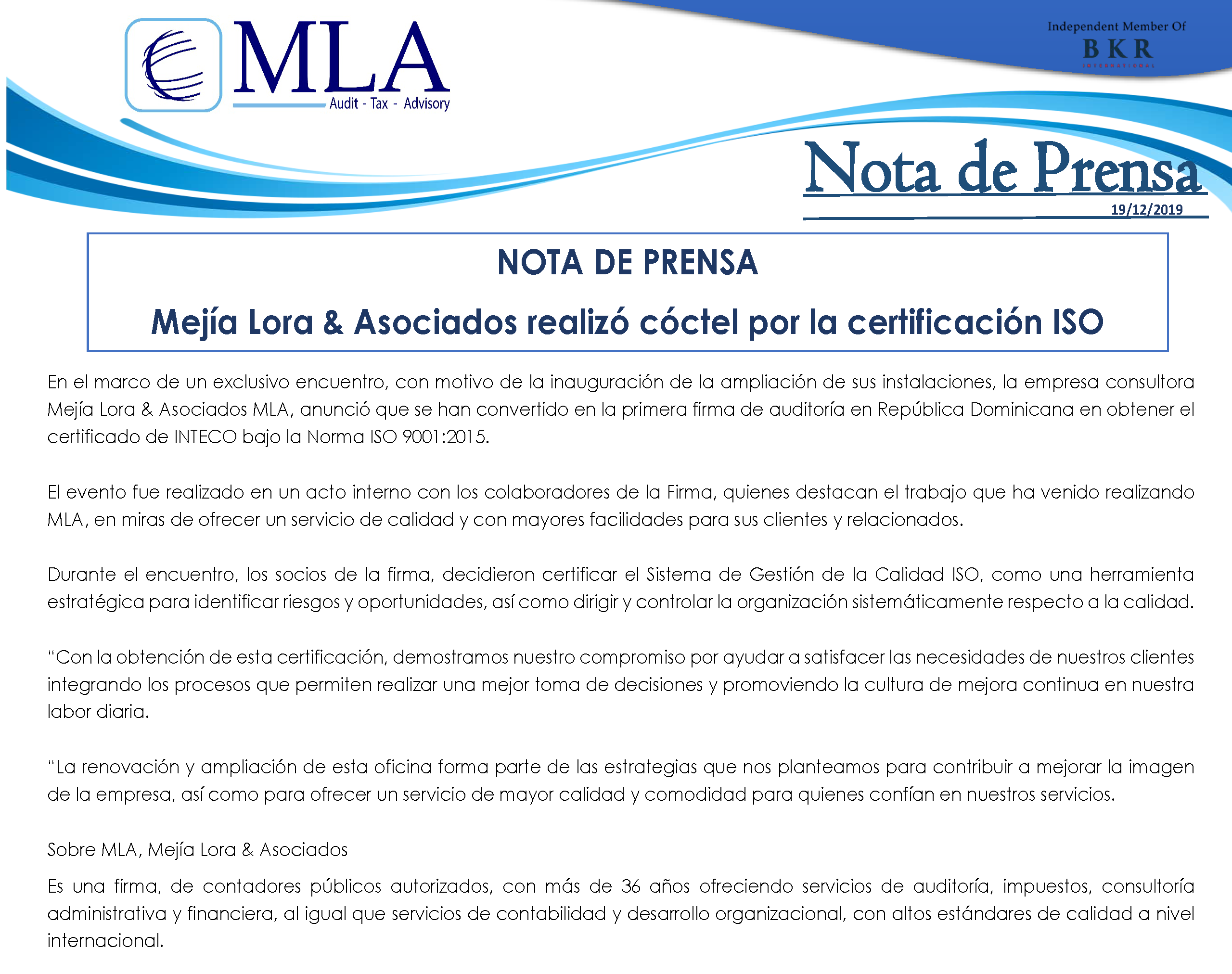 Mejía Lora & Asociados realizó cóctel por la certificación ISO